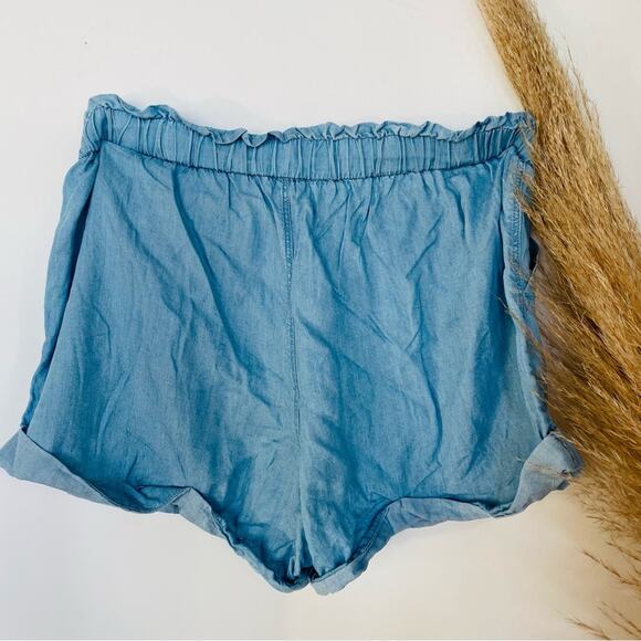 AEO AERIE Blue Soft Denim Elastic Waist Tie Pockets Lyocell Mini Roll Shorts M - Picture 4 of 8